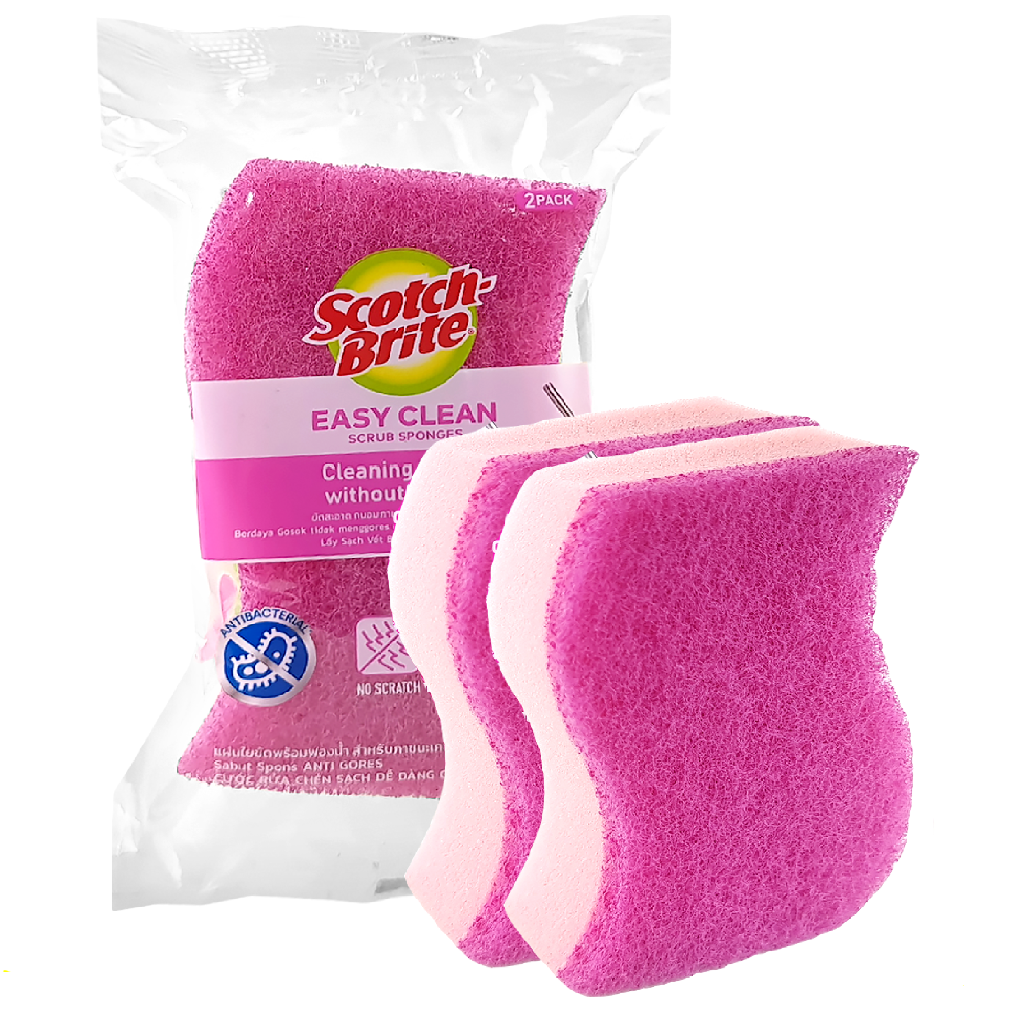 3M ScotchBrite EASY CLEAN Scrub Sponge ANTI-BACTERIA PINK 2PC/Pack